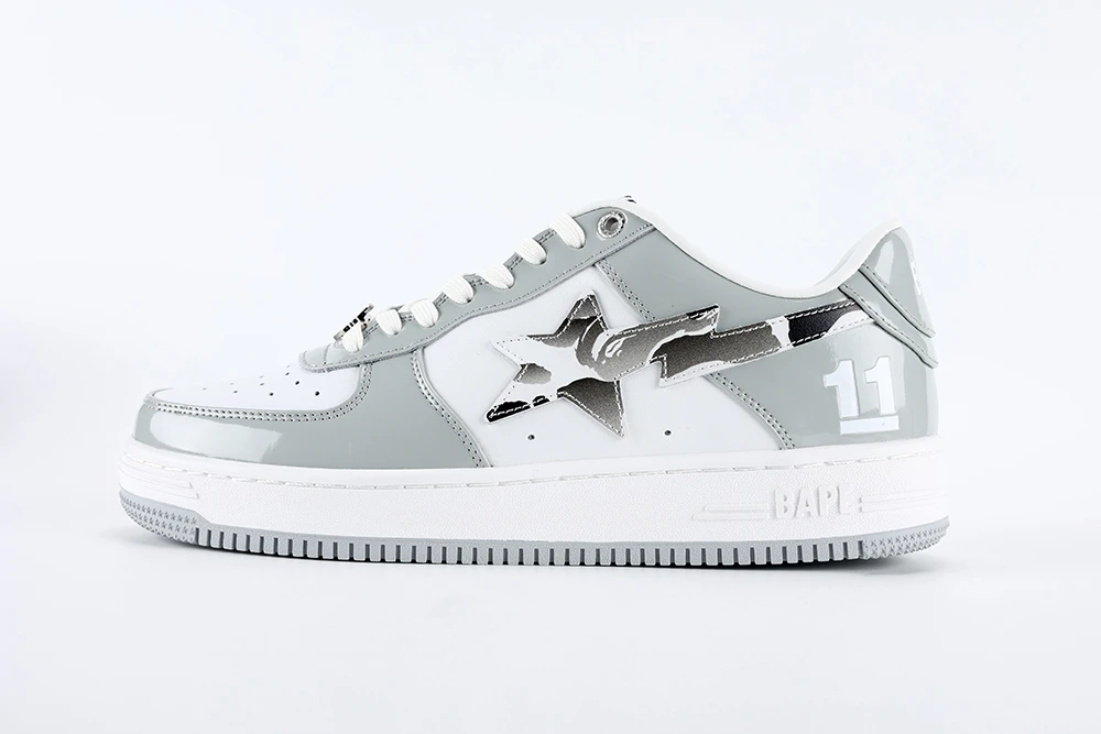 BapeSta White Leather Silver Logo Shoes