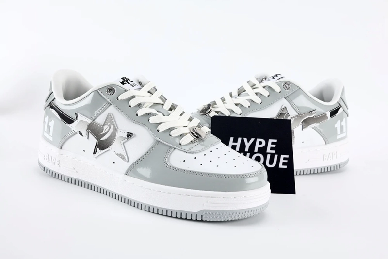 BapeSta White Leather Silver Logo Shoes