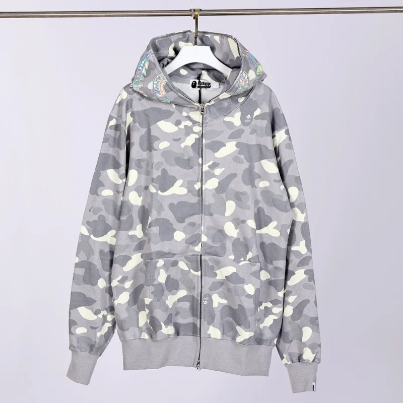 Gray front side of back side of BAPE CITY CAMO SHARK FULL ZIP HOODIE