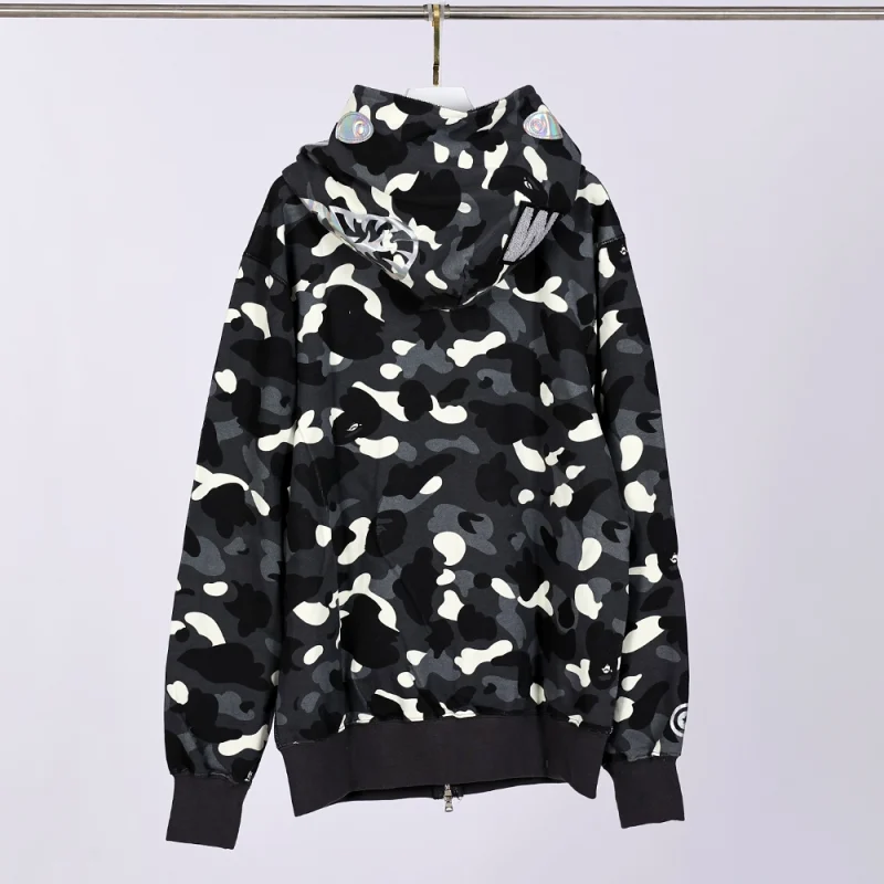 back side of black BAPE CITY CAMO SHARK FULL ZIP HOODIE