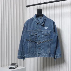 WE11 DONE Printed Diagonal Zipper Denim Jacket