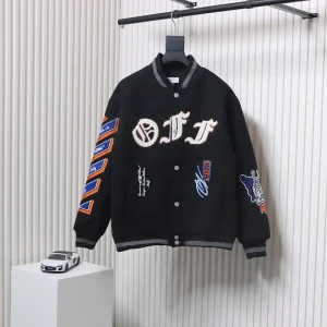 Off White Embroidered Leather Baseball Jacket