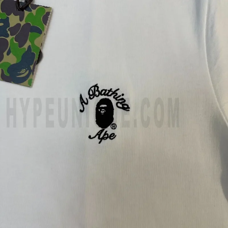 Close-up of the T-shirt print details of the front of the white clothes.