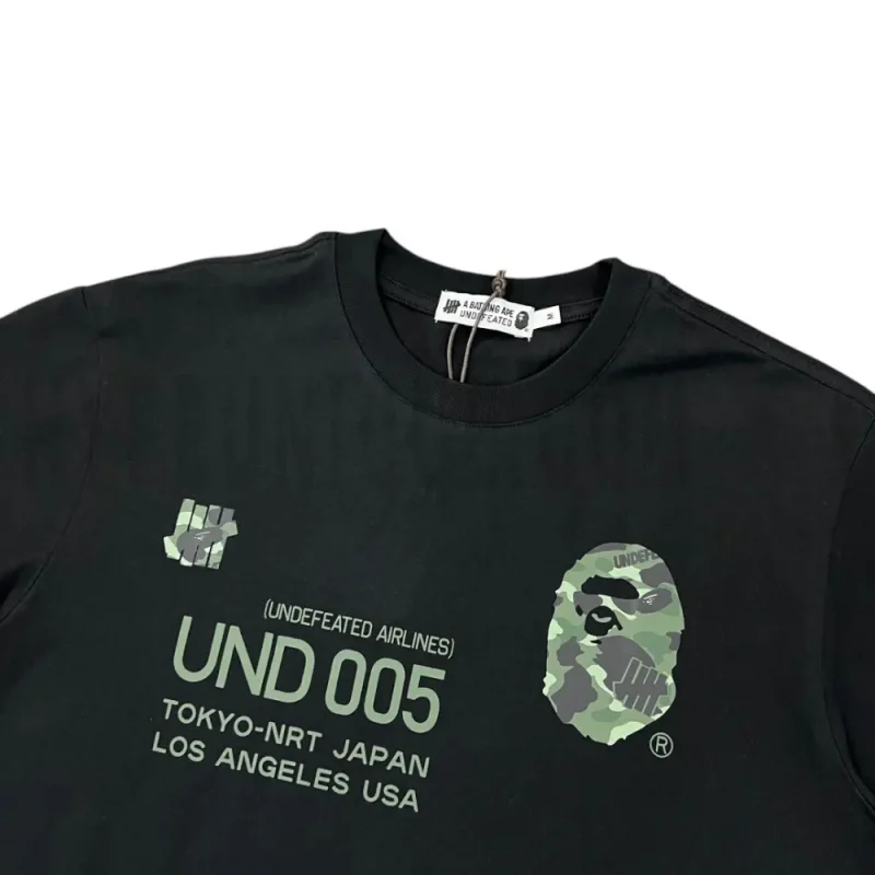 Detailed shot capturing the graphic print on the black tee's front panel.