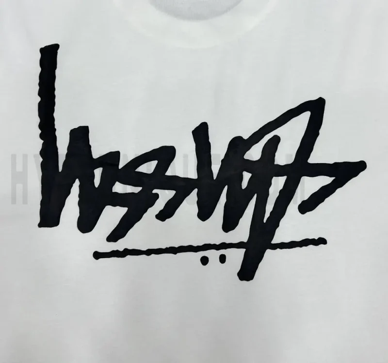 Close-up of the T-shirt print details of the back of the white clothes.
