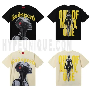 This "GodSpeed Robot Sleeve" T-shirt blends futuristic streetwear with bold graphics, featuring a striking robot sleeve design. Made for trendsetters, it offers a unique mix of edgy style and comfort. Perfect for urban fashion lovers seeking standout pieces.