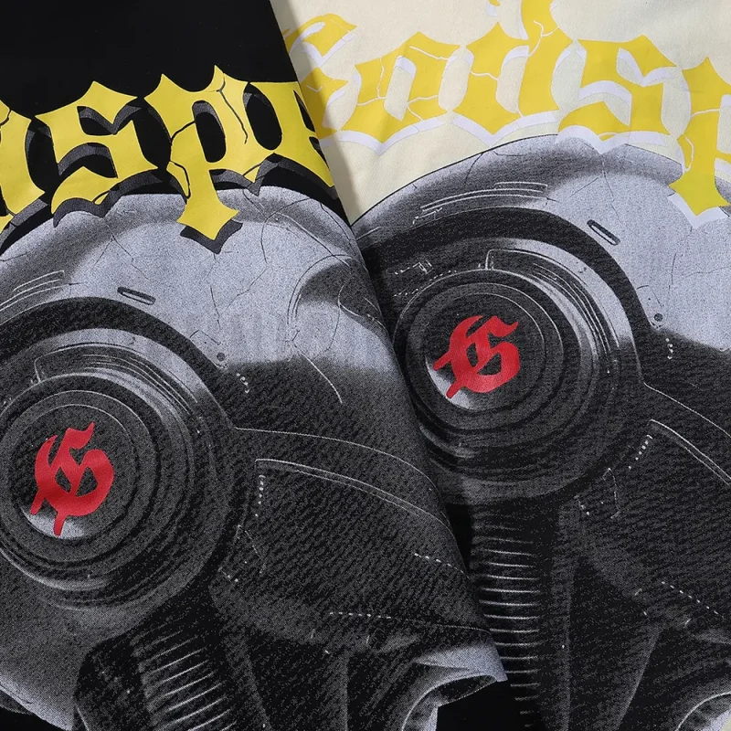 High-definition close-up of the bold robotic skull print, showcasing intricate artwork for a futuristic streetwear vibe