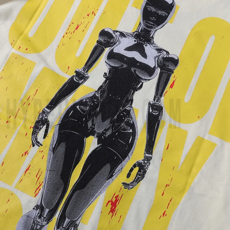 Striking robot graphic with bold English lettering print, crafted for a standout streetwear look