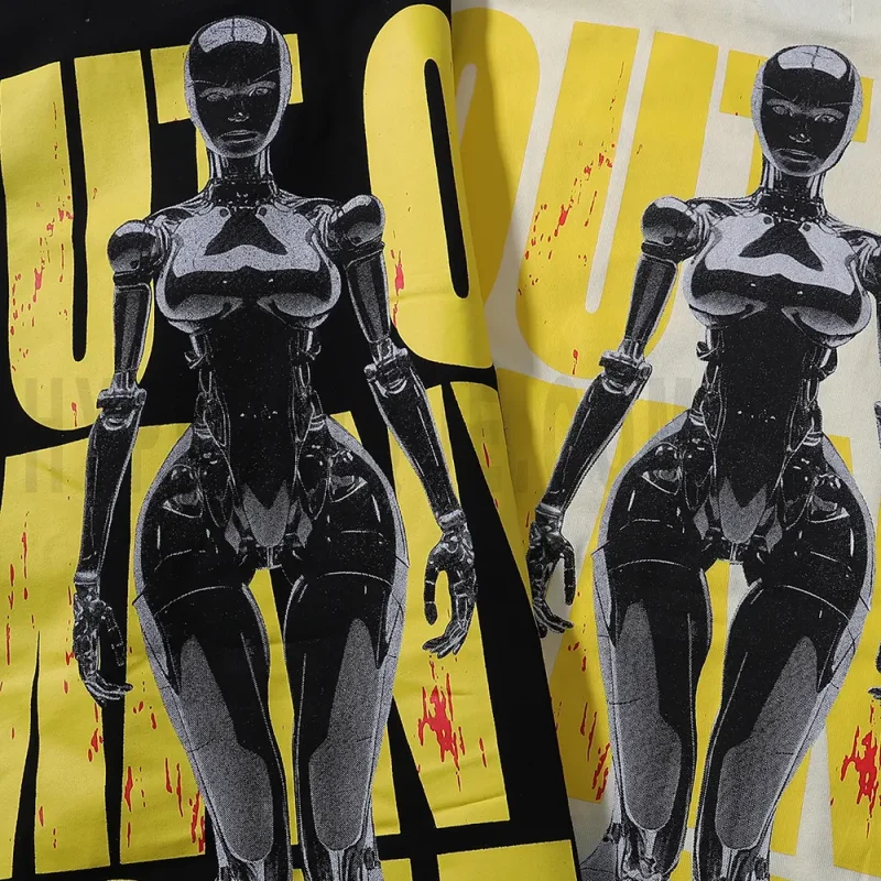 Striking robot graphic with bold English lettering print, crafted for a standout streetwear look