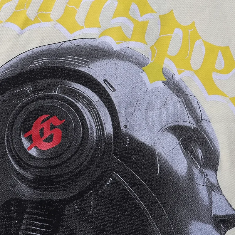 High-definition close-up of the bold robotic skull print, showcasing intricate artwork for a futuristic streetwear vibe