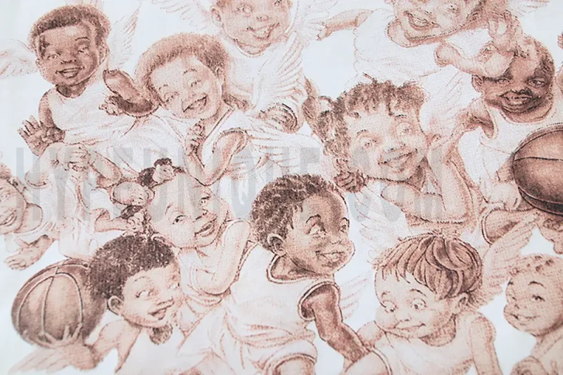 Detailed prints of numerous heavenly basketball stars.