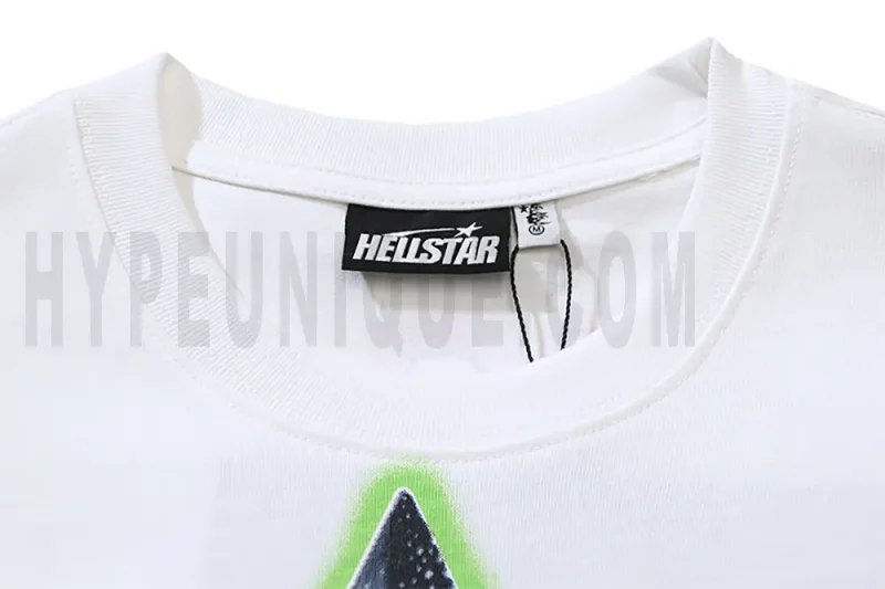 Close-up of the T-shirt's neckline tag, showcasing wash care instructions and brand details in a fashion design.