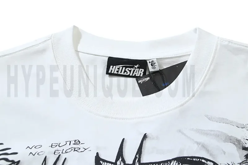 Close-up of the T-shirt's neckline tag, showcasing wash care instructions and brand details in a fashion design.