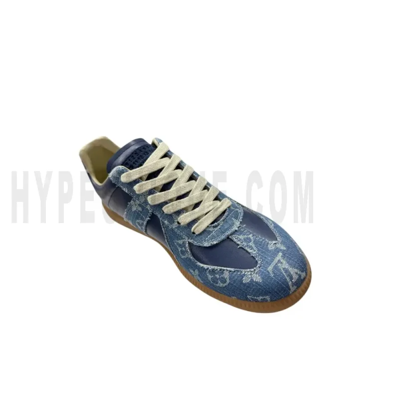 The left of the blue shoes