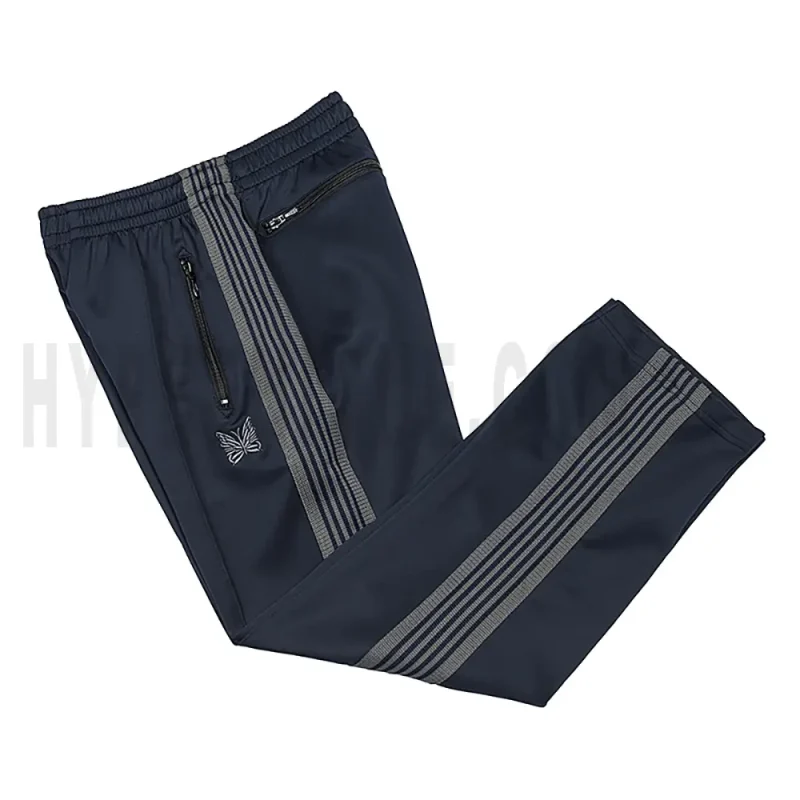 Side view of blue track pants.