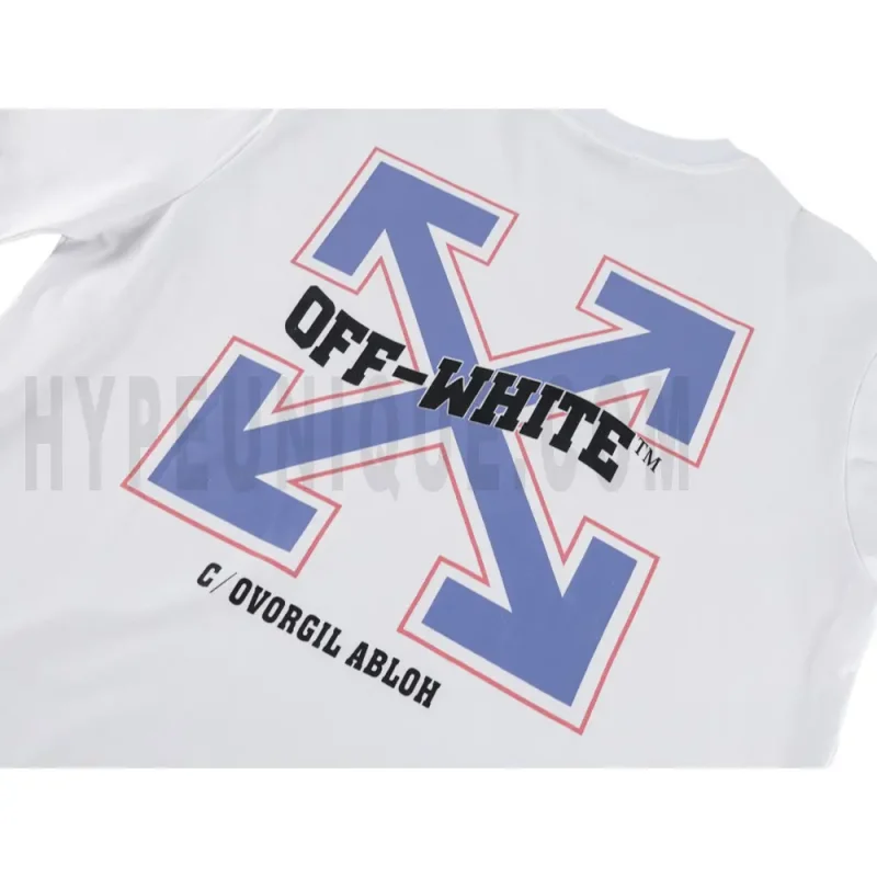 Detailed shot capturing the graphic print on the white tee's back panel.