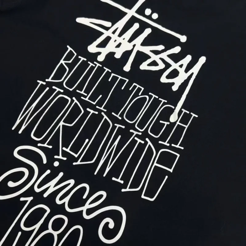 Detailed shot capturing the graphic print on the black tee's back panel.