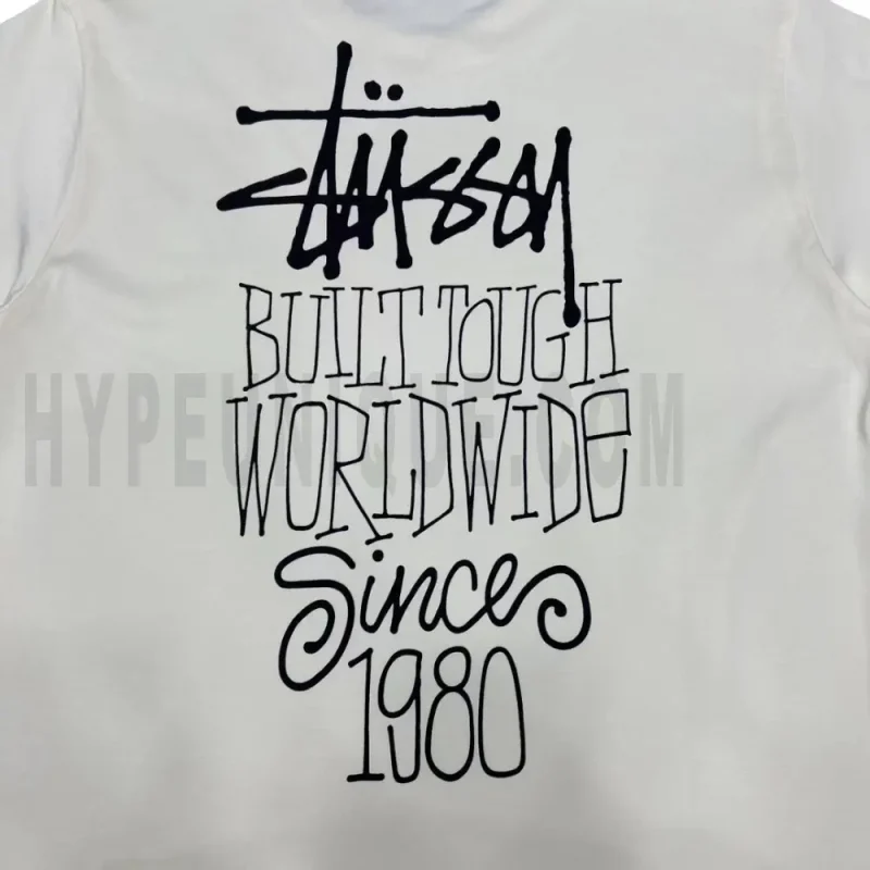 Detailed shot capturing the graphic print on the white tee's back panel.