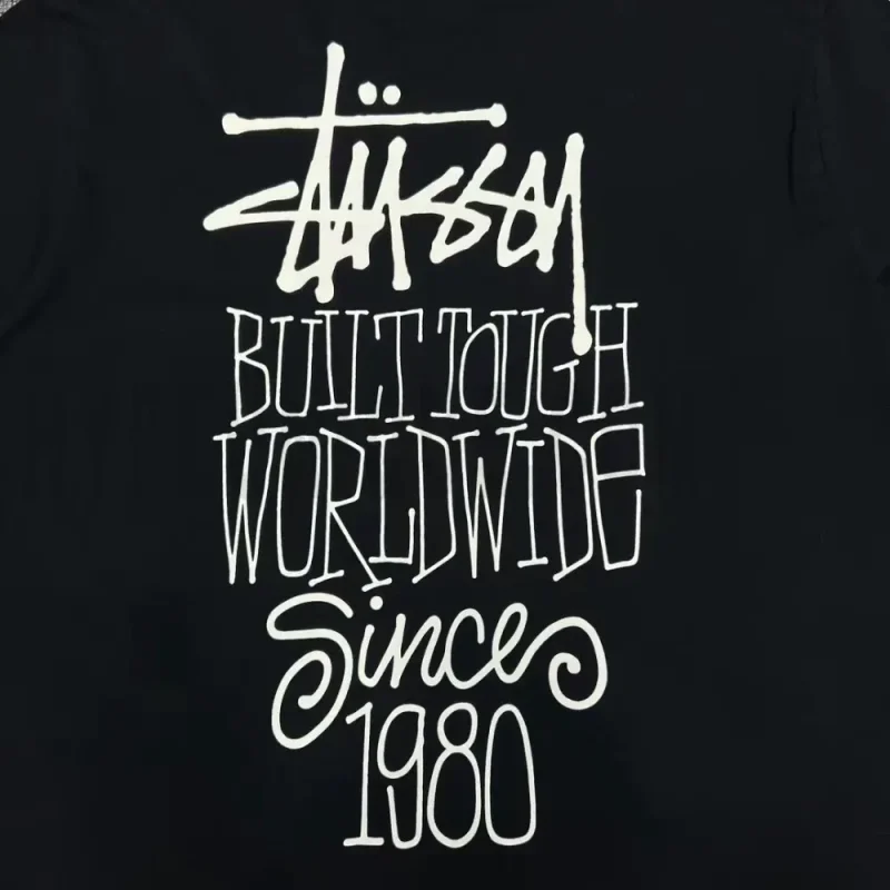Detailed shot capturing the graphic print on the black tee's back panel.