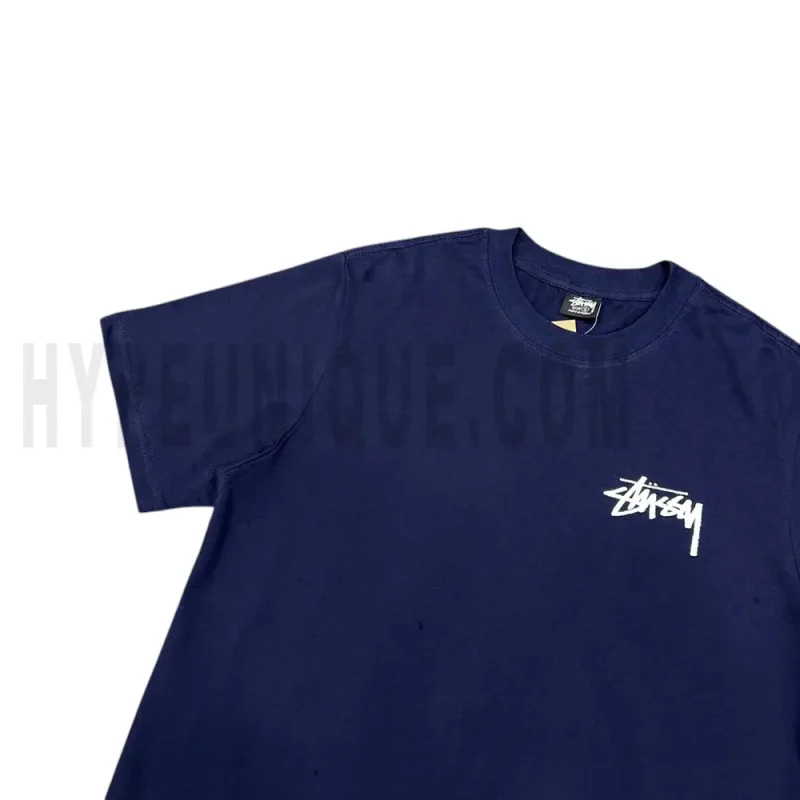 Close-up of the front of the blue T-shirt