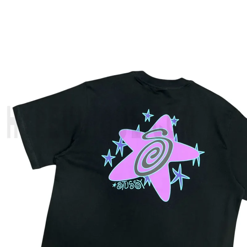 Close-up of the back of the black T-shirt