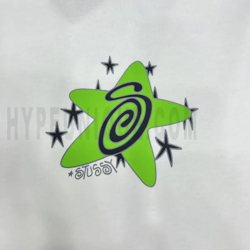 Close-up of the T-shirt print details of the front of the white clothes.