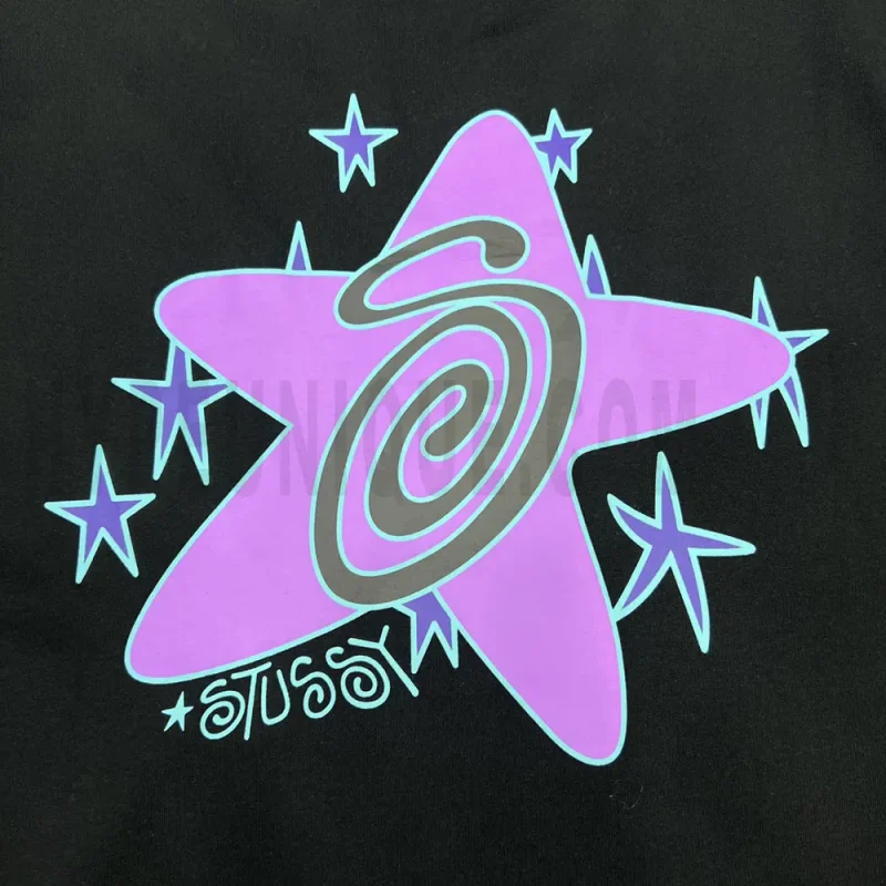 Close-up of the T-shirt print details of the front of the black clothes.