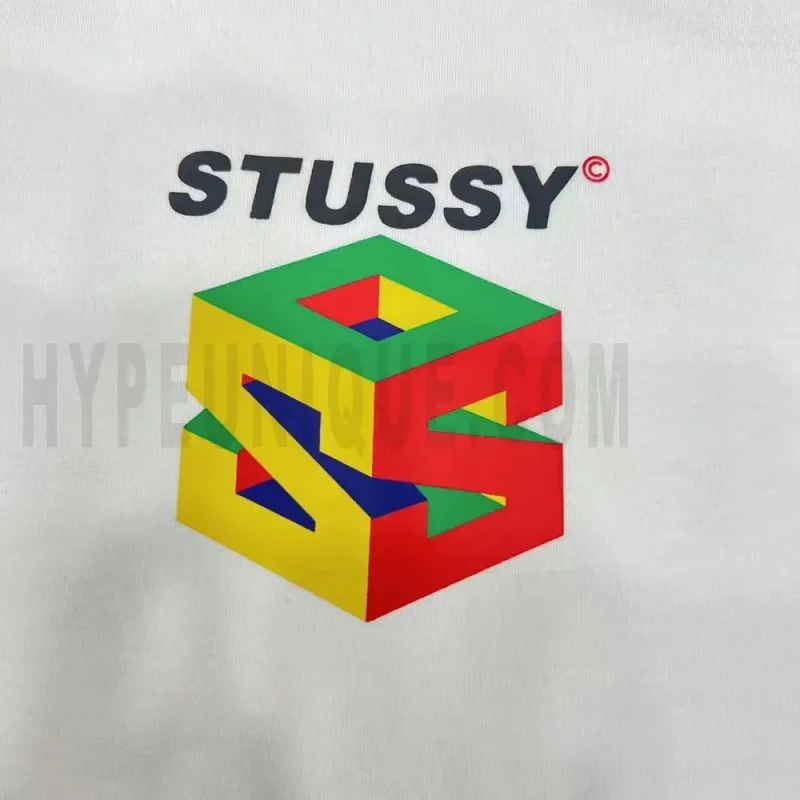 Close-up of the T-shirt print details of the white clothes.