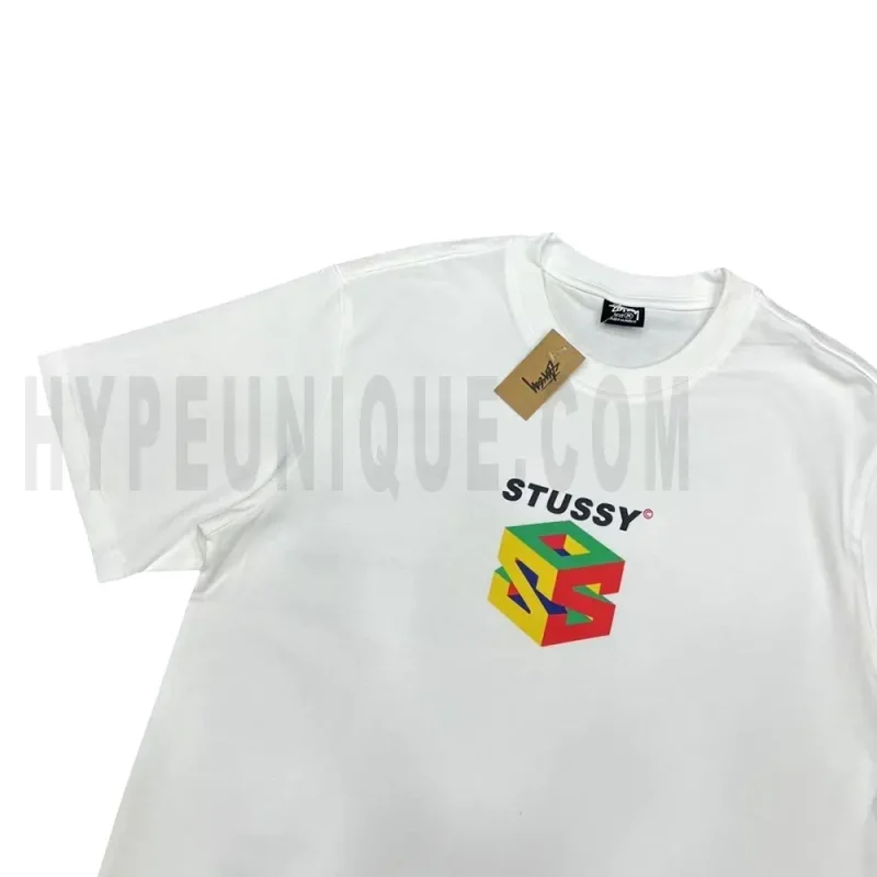 Zoomed-in view of the front graphic of the white T-shirt