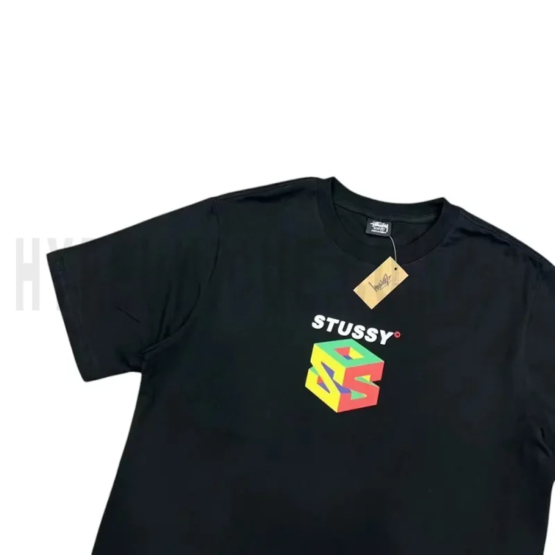 Zoomed-in view of the front graphic of the black T-shirt