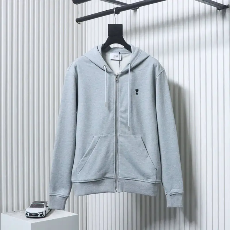 AMI Heart Embroidered Zipper Hooded Jacket