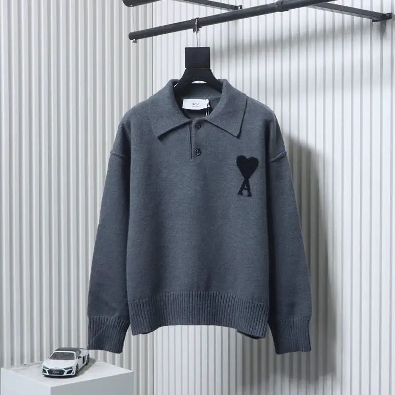 AMI Heart Jacquard Knit Collar Polo Sweater