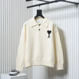 AMI Heart Jacquard Knit Collar Polo Sweater