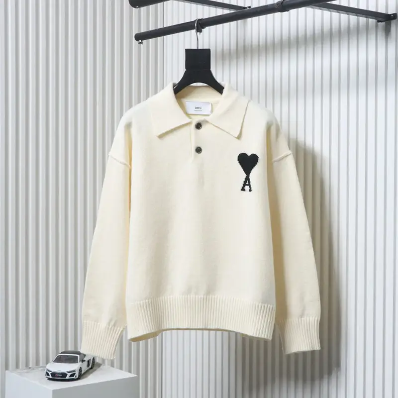 AMI Heart Jacquard Knit Collar Polo Sweater