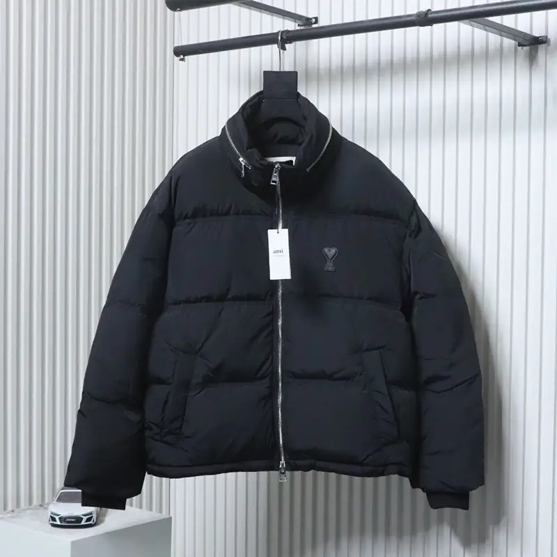 AMI Leather Label Heart Hidden Hood Down Jacket