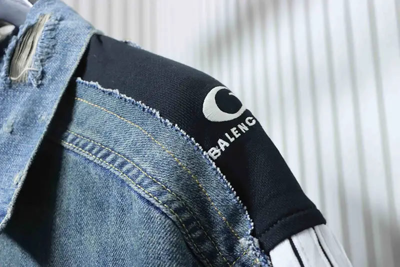 TbKicks Blcg Circular Embroidered Ribbon Patchwork Distressed Denim Jacket